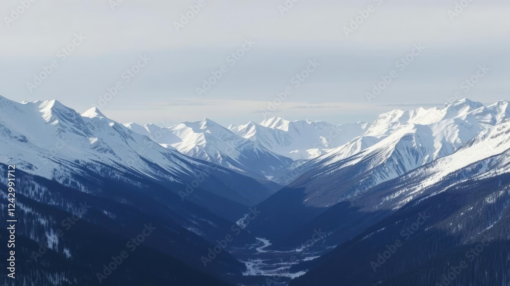 Obraz premium Snow-covered mountain peaks with a valley below, frozen lake, peaceful