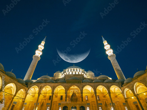 Ramadan or islamic or laylat al-qadr concept image. Mosque with crescent moon