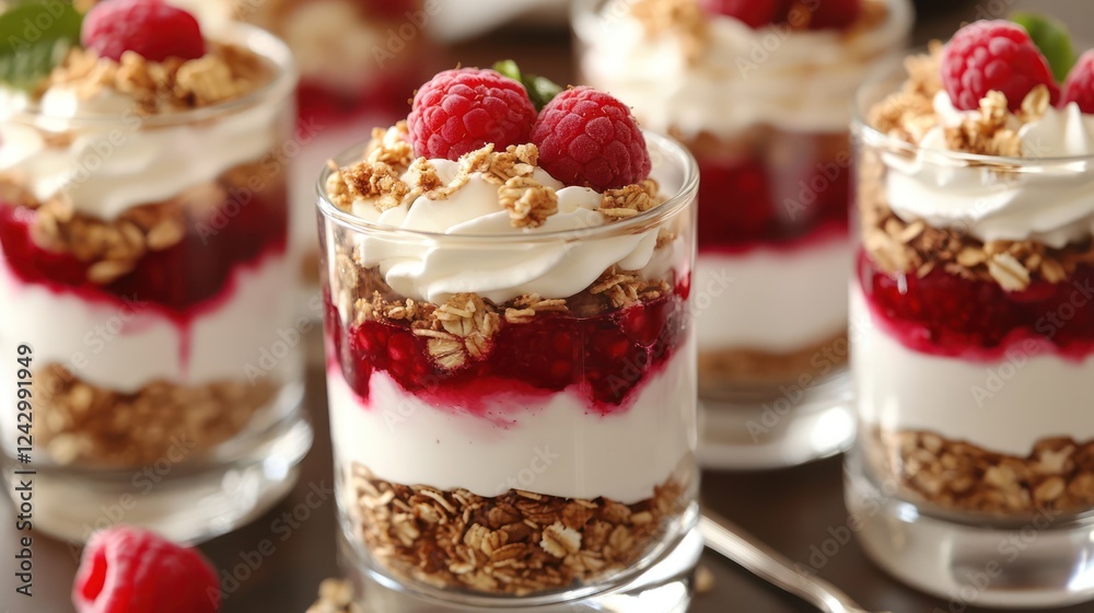Delicious Raspberry Granola Parfaits: A delightful dessert recipe featuring layers of creamy yogurt, sweet raspberry preserves, and crunchy granola, topped with fresh raspberries. Delicious Raspberry Granola Parfaits: A delightful dessert recipe featuring layers of creamy yogurt, sweet raspberry preserves, and crunchy granola, topped with fresh raspberries.