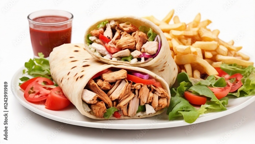 Chicken Shawarma Doner kebab on a plate with french fries, vegetables and salad. Isolated on white background
Chicken Shawarma Doner kebab on a plate with french fries, vegetables and salad. Isolated on white background