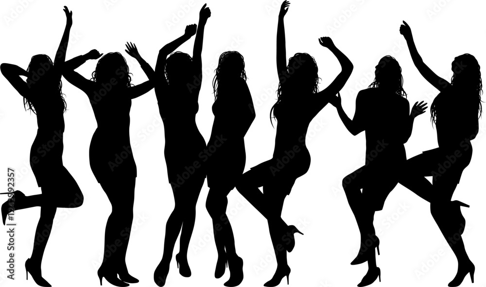 Une silhouette d'un groupe de femmes, les mains levées, faisant la fête et dansant lors d'une célébration