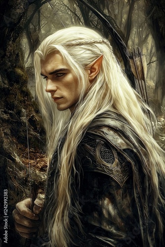 The romantic hero is a handsome young male elf with pointed ears, long blonde hair, and a bow and arrow, embodying medieval and fantasy aesthetics.