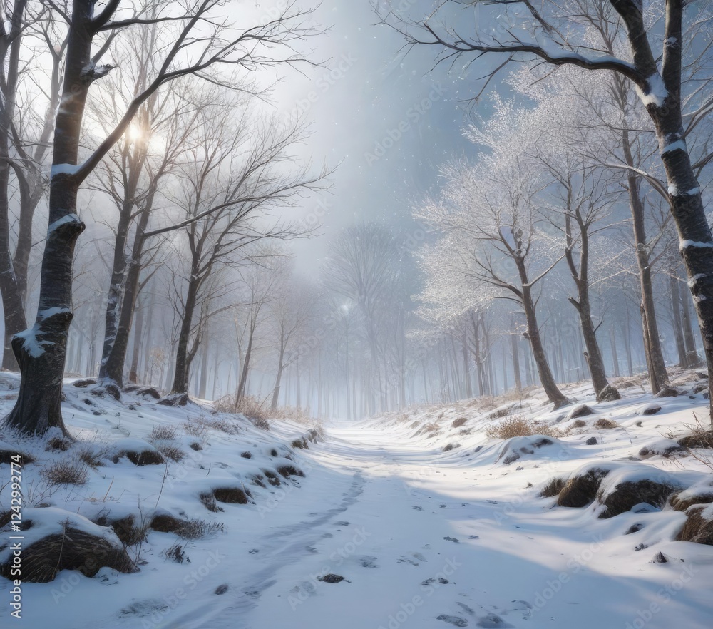 Snowy forest landscape with bare trees and sparkling snowflakes, frosty evening, bare trees, snowy forest Snowy forest landscape with bare trees and sparkling snowflakes, frosty evening, bare trees, snowy forest