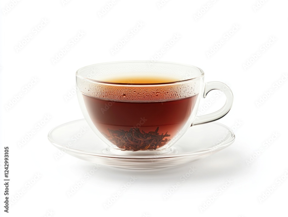 A cup of brewed tea in a clear glass teacup on a saucer. A cup of brewed tea in a clear glass teacup on a saucer.