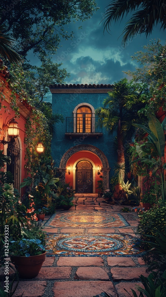 Fototapeta premium Traditional latin american hacienda with lush courtyard at twilight
