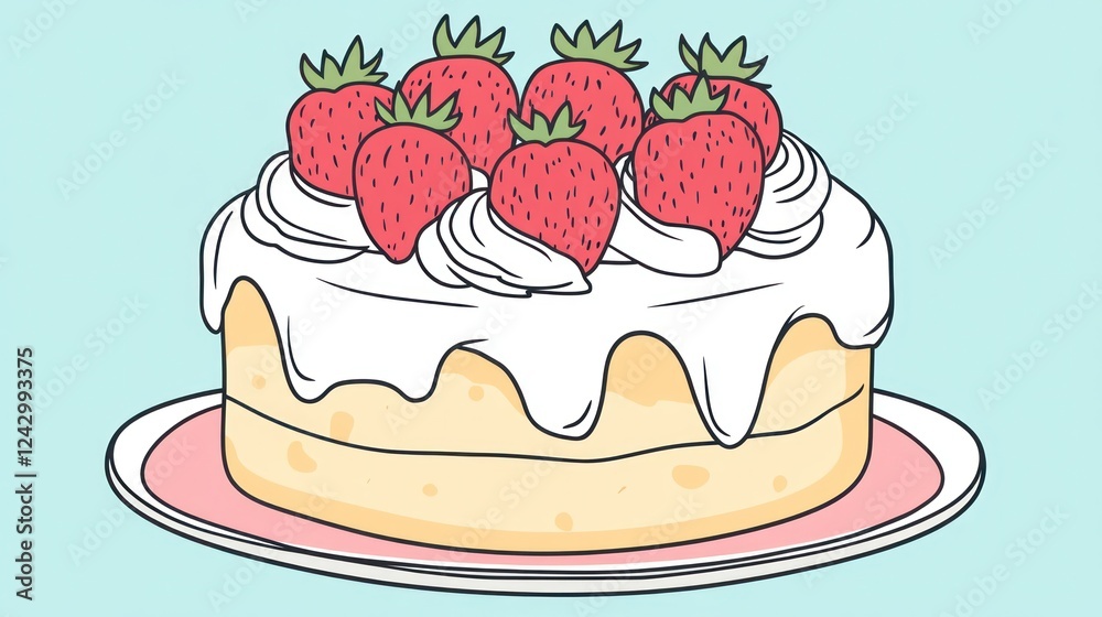 Delicious strawberry cake on pink plate, pastel background; perfect for food blogs Delicious strawberry cake on pink plate, pastel background; perfect for food blogs