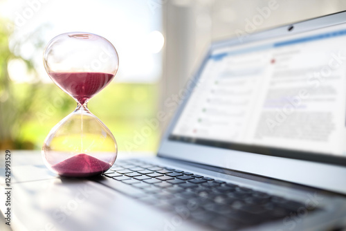 Hourglass on laptop computer keyboard concept for time management