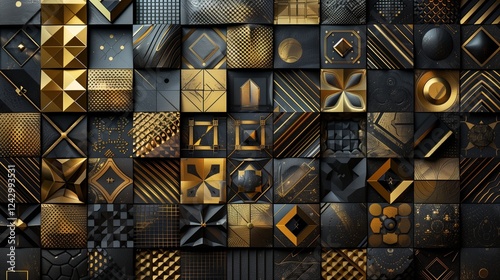 A highly detailed abstract pattern with geometric shapes and contrasting textures, illuminated by subtle light to enhance the depth and movement.