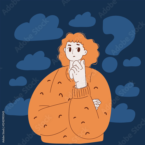 Cartoon vector illustration of a woman with a question mark beside her, symbolizing curiosity, uncertainty, and the search for answers over dark background