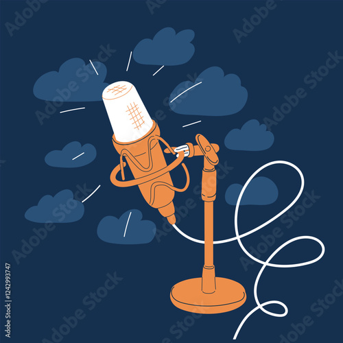 Cartoon vector illustration of a microphone, symbolizing communication, broadcasting, and public speaking over dark background