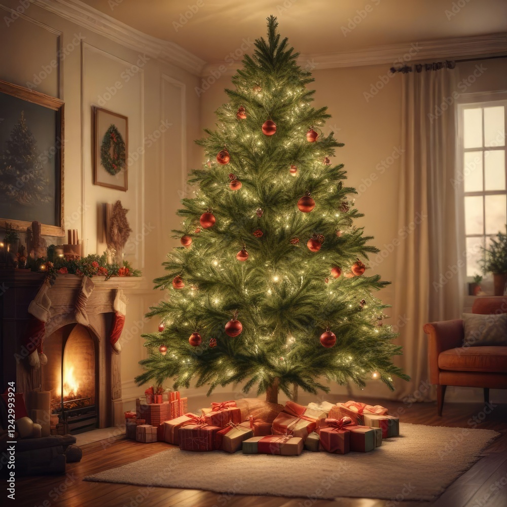 Soft focus image of a large Christmas tree in a cozy room with warm lighting, comforting decor, cozy atmosphere, inviting ambiance, relaxing setting