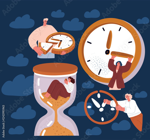 Cartoon vector illustration of people interacting with clocks, symbolizing time management and priorities over a dark background
