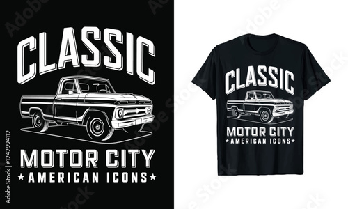 Celebrate classic automotive culture with our "Classic Motor City, American Icons" T-shirt! Featuring a timeless truck graphic, this design is perfect for car enthusiasts and lovers of classic rides