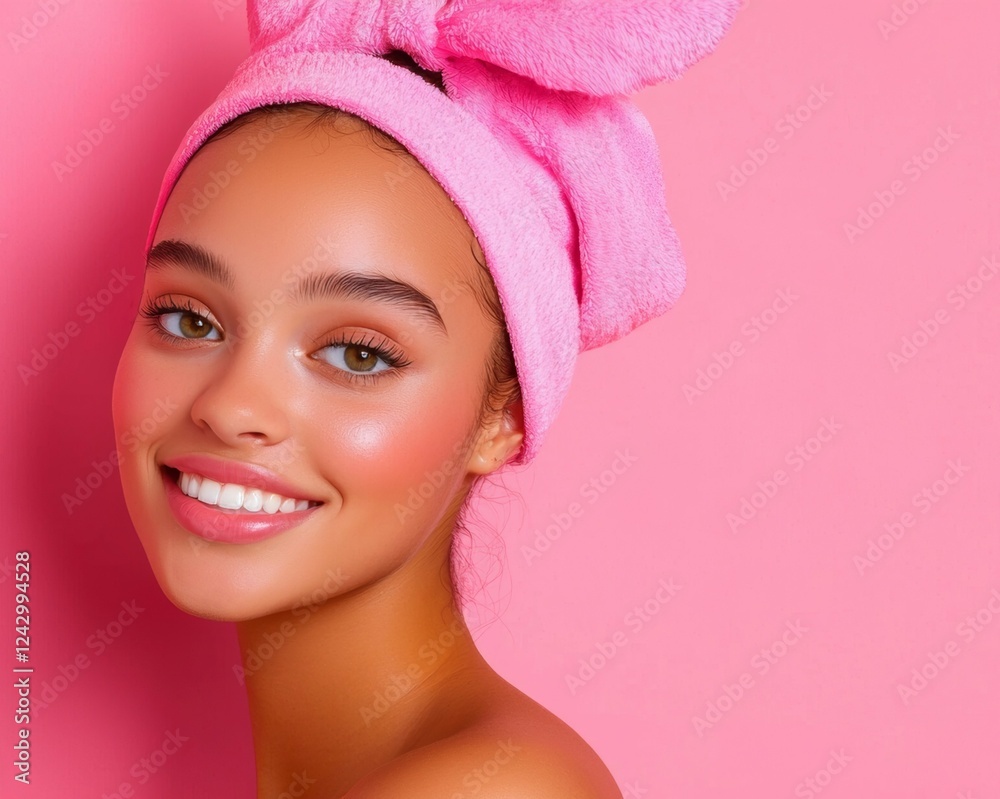 A smiling woman with glowing skin wears a pink towel on her head against a vibrant pink background, exuding a fresh, youthful vibe. A smiling woman with glowing skin wears a pink towel on her head against a vibrant pink background, exuding a fresh, youthful vibe.