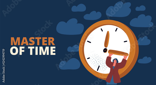 Cartoon vector illustration of a woman pulling arrows forward, symbolizing the desire to speed up time, progress, and moving ahead over dark background