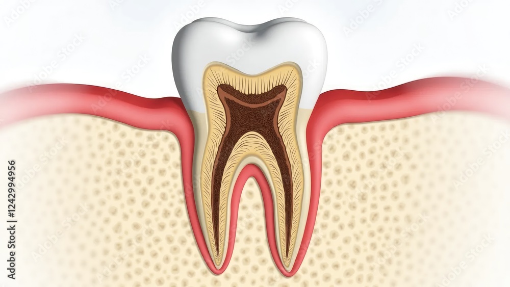Detailed Cross-Section of Human Tooth Showing Root, Pulp, and Surrounding Bone Detailed Cross-Section of Human Tooth Showing Root, Pulp, and Surrounding Bone