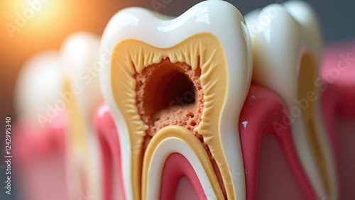 Close-Up Cross-Section of Tooth Anatomy Showing Tooth Decay and Cavity Details photo