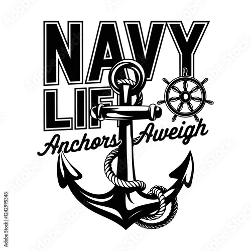 Celebrate the adventurous spirit of the sea with our "Navy Life - Anchors Aweigh" T-shirt! This striking design features an anchor and ship's wheel, perfect for those who embrace the nautical life