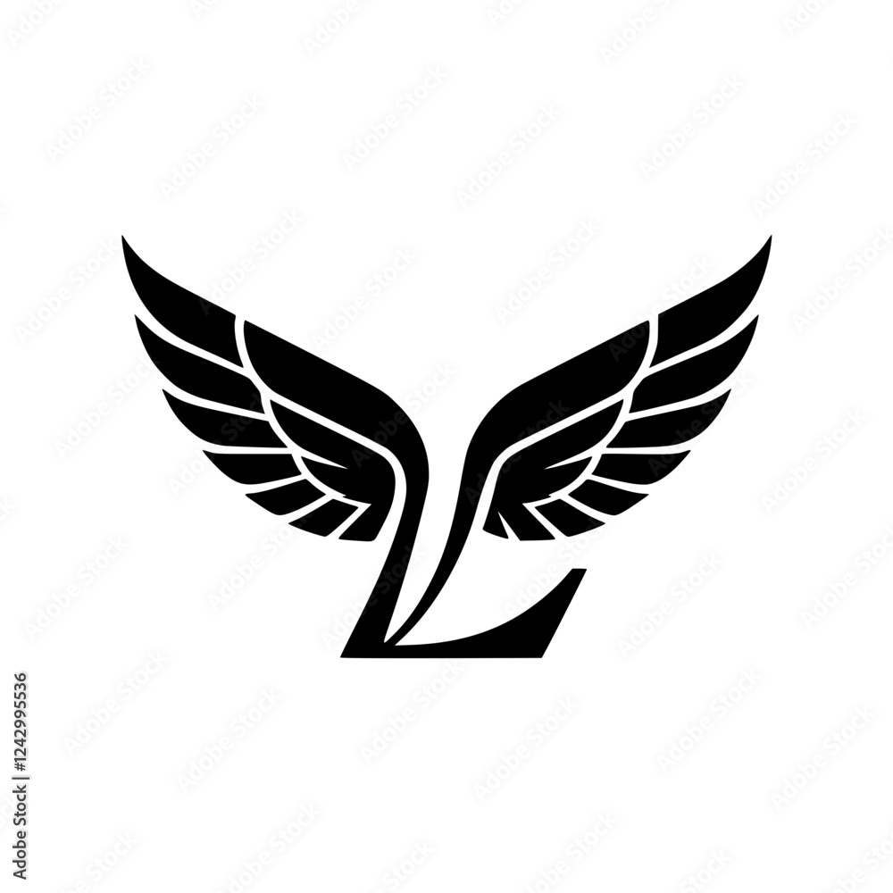 Fototapeta premium Winged Letter L Black Logo Design, Black letter L with symmetrical wings, creating a bold and stylish logo. Perfect for branding, aviation, business, sports, or creative identity. 
