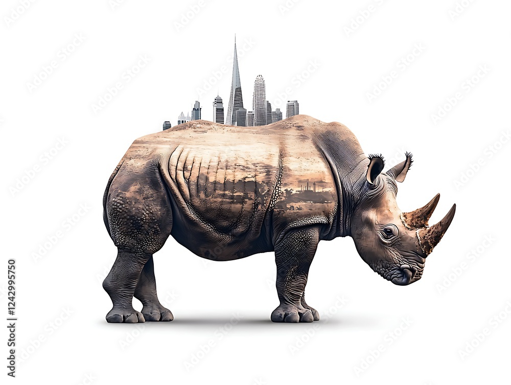 Fototapeta premium A surreal image of a rhinoceros with a cityscape on its back, blending wildlife with urban elements in a creative and imaginative way.