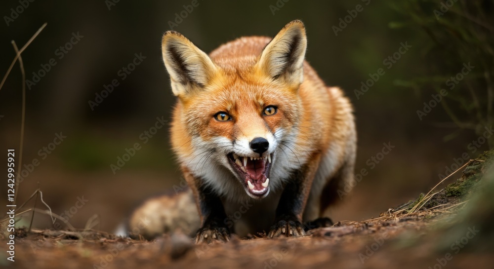 Aggressive red fox in forest displaying teeth and alert stance Aggressive red fox in forest displaying teeth and alert stance