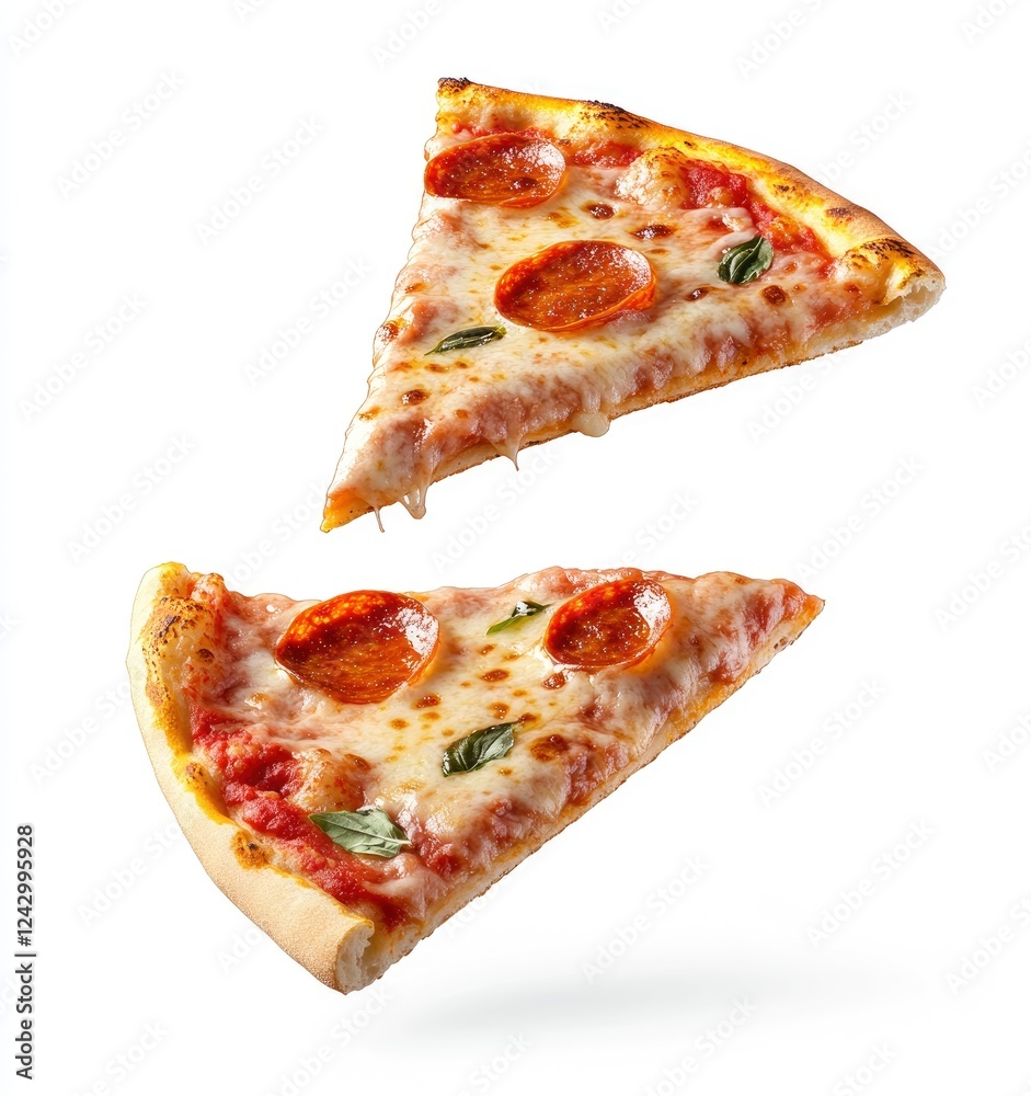 Two slices of pizza floating in the air, against a white background, a realistic photograph with high resolution, high detail, Two slices of pizza floating in the air, against a white background, a realistic photograph with high resolution, high detail,