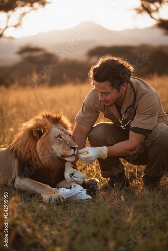 A veterinarian carefully treating a lion in the wild, showcasing compassion and wildlife conservation efforts in a safari setting. Ideal for wildlife care promotions, veterinary services, and animal c
