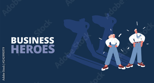 Cartoon vector illustration of two confident business professionals standing, their strong shadows projecting leadership and influence over dark background