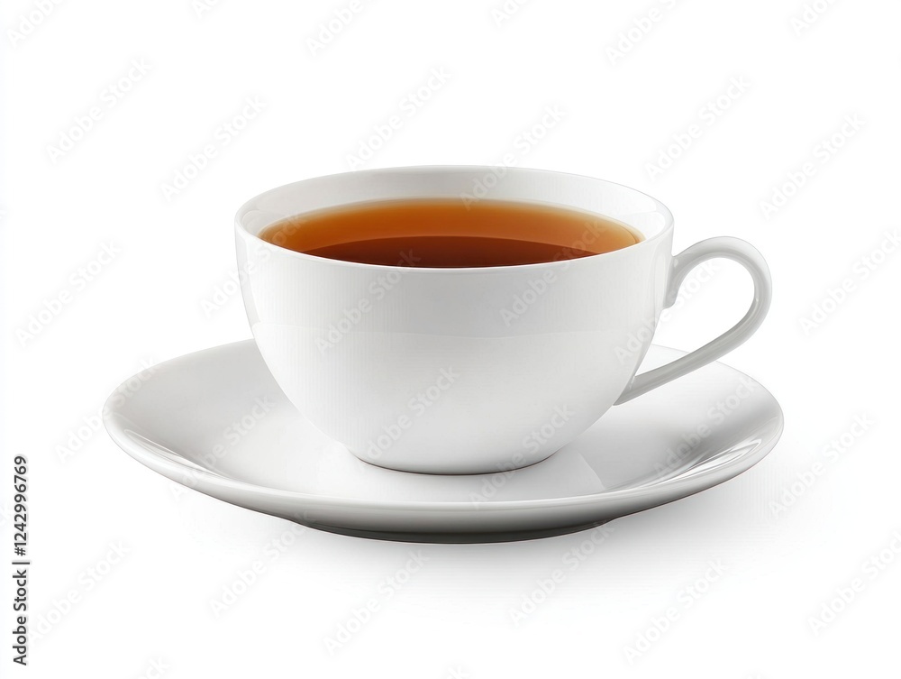 A white teacup filled with tea on a saucer. A white teacup filled with tea on a saucer.