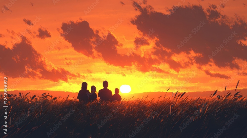 Fototapeta premium Family enjoys a tranquil evening by the water as the sun sets on a peaceful landscape