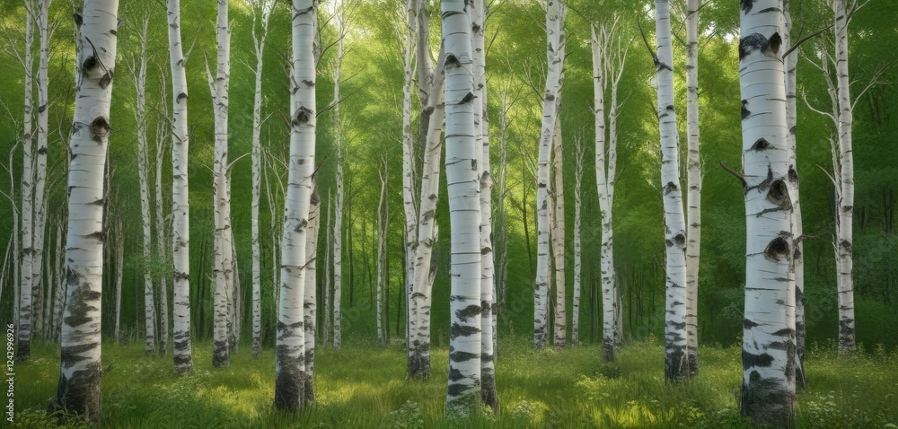 Obraz premium Pale bark aspens against vibrant green undergrowth, dense vegetation, vibrant green undergrowth, leafy canopy