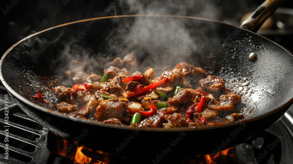 sizzling stir fry of meat and vegetables in wok, with steam rising from dish, showcases vibrant colors and textures. dish includes red and green peppers, adding fresh and spicy aroma sizzling stir fry of meat and vegetables in wok, with steam rising from dish, showcases vibrant colors and textures. dish includes red and green peppers, adding fresh and spicy aroma