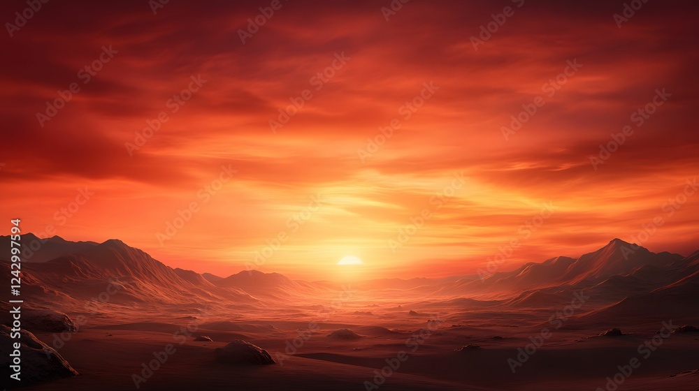 A stunning sunset casts vibrant orange and red hues over a serene landscape, with mountains silhouetted against the colorful sky. A stunning sunset casts vibrant orange and red hues over a serene landscape, with mountains silhouetted against the colorful sky.