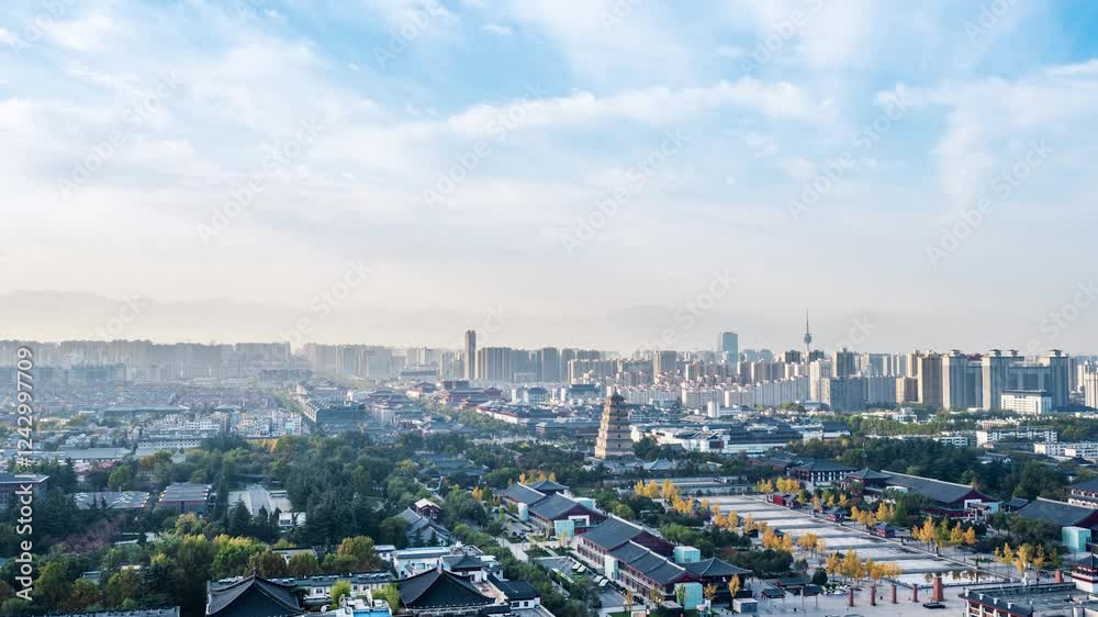 4k aerial video showcasing city skyline and historical architecture in Xi'an, China during early morning light 4k aerial video showcasing city skyline and historical architecture in Xi'an, China during early morning light