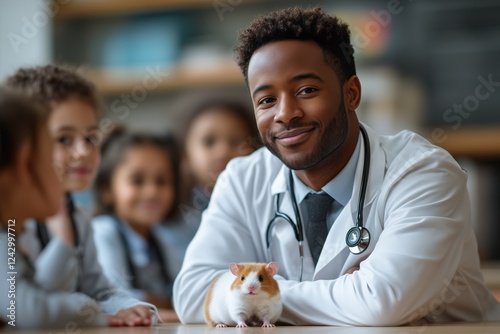 A confident male doctor smiling and interacting with a group of students, showcasing a professional yet friendly teaching environment. Ideal for healthcare, education, or medical-related content. photo