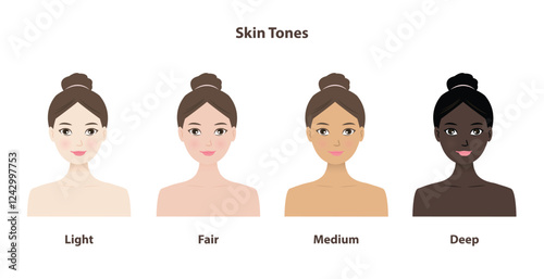 Types of skin tones vector illustration isolated on white background. The cute women with four main skin tones, light, fair, medium, deep or dark. The Fitzpatrick scale. Skin care and beauty concept.