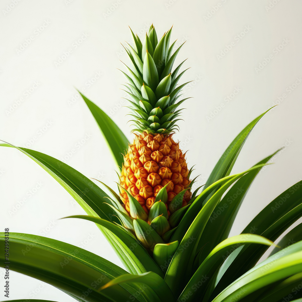 Obraz premium Pineapple plant with a vibrant yellow pineapple growing, growth cycle, tropical fruit plant, tree planting, fruit cultivation, exotic fruit
