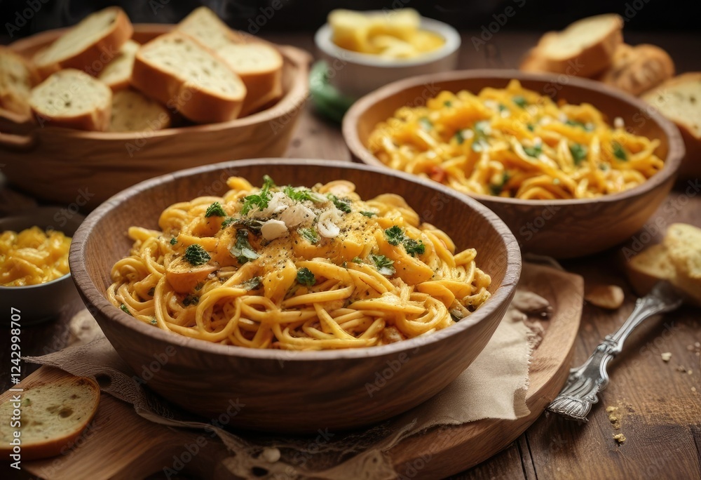 Plate of steaming pumpkin pasta served in a rustic wooden bowl with a side of garlic bread , garlic bread, comforting Plate of steaming pumpkin pasta served in a rustic wooden bowl with a side of garlic bread , garlic bread, comforting