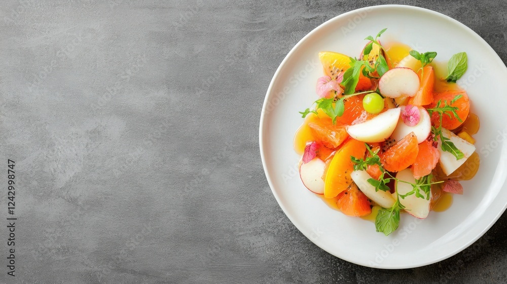Colorful Modern Dessert Plated with Fresh Fruit and Vibrant Jelly Garnish Colorful Modern Dessert Plated with Fresh Fruit and Vibrant Jelly Garnish