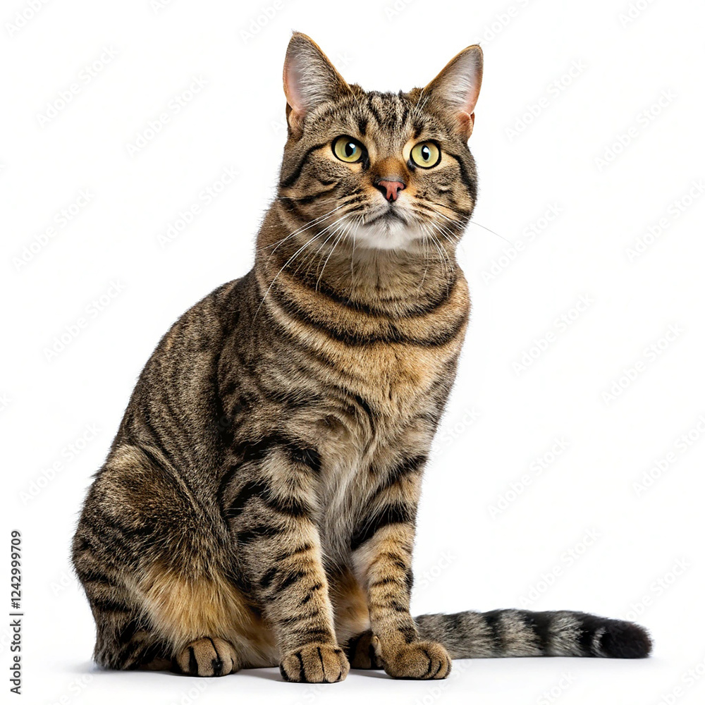 Classic tabby house cat, sitting up facing front with one paw pointing to viewer. Looking towards camera. Isolated cutout on a transparent background. Classic tabby house cat, sitting up facing front with one paw pointing to viewer. Looking towards camera. Isolated cutout on a transparent background.