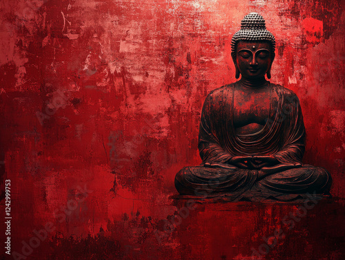 Buddha statue on red textured background, serene atmosphere and spiritual essence