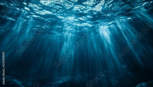 Underwater sunbeams, ocean floor, dark deep sea, tranquil scene, nature background