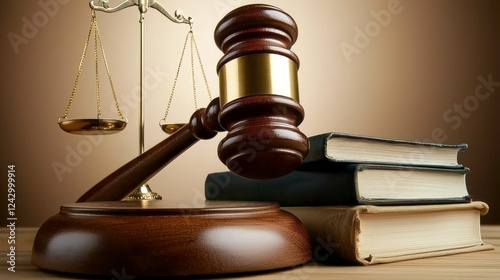 A wooden gavel and balanced scales represent justice, placed beside stacked law books on a polished table. This intimate setting captures the essence of legal proceedings and authority
