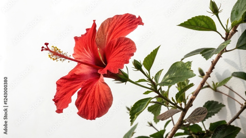 Fototapeta premium Red hibiscus bloom against crisp white backdrop, pop of color, flower
