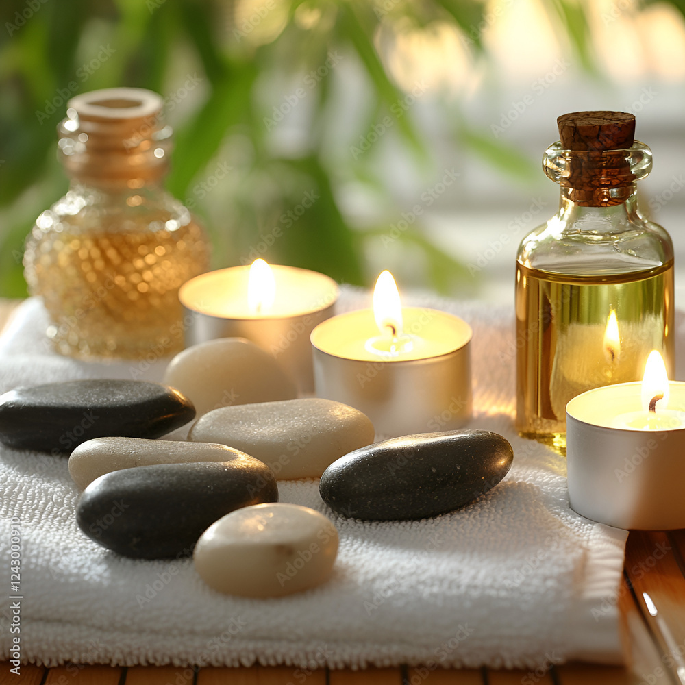 Tranquil Spa Arrangement: A serene spa still life, featuring smooth stones, flickering candles, and bottles of aromatic oils. Tranquil Spa Arrangement: A serene spa still life, featuring smooth stones, flickering candles, and bottles of aromatic oils.