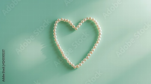 Heartshaped pearl necklace on soft pastel green background