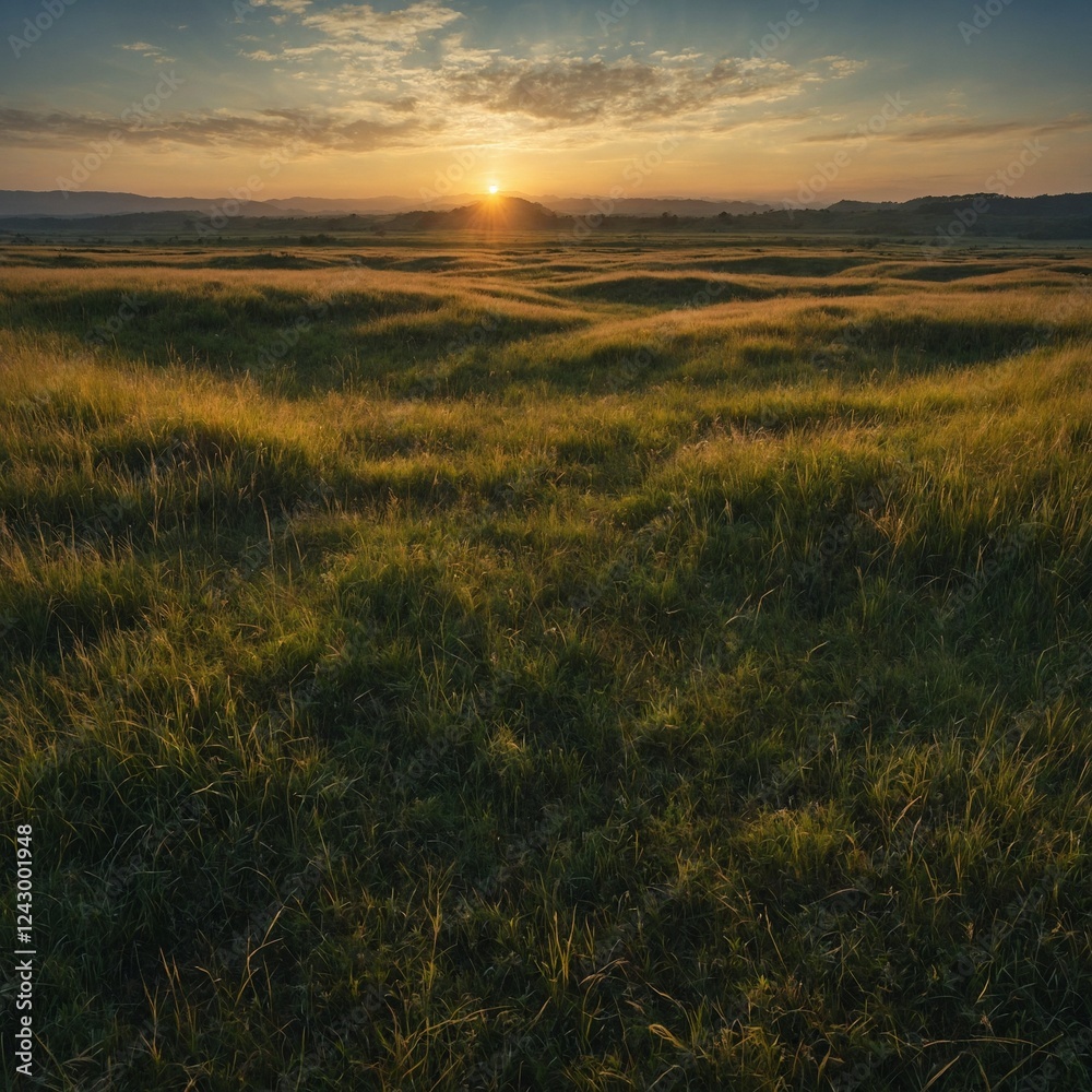 Panoramic shot capturing the vastness of the grassland at sunrise. Panoramic shot capturing the vastness of the grassland at sunrise.