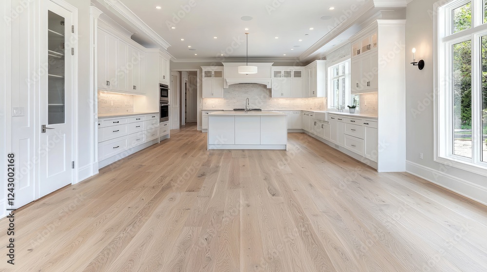 Fototapeta premium Spacious white kitchen, hardwood floors, natural light