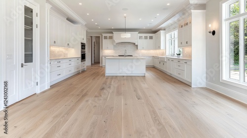 Spacious white kitchen, hardwood floors, natural light