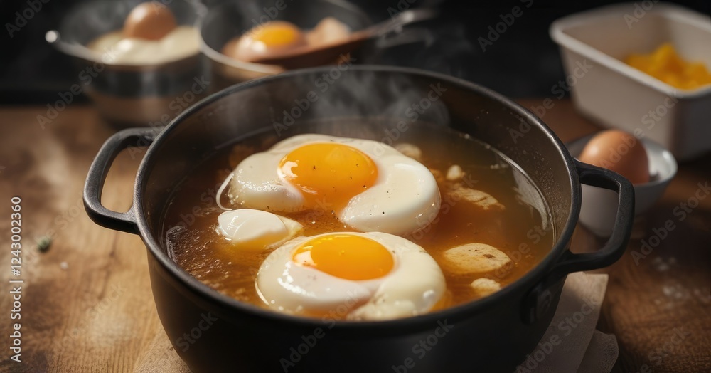 Saucepan with a layer of clear broth and partially cooked eggs, steam visible , partially cooked, culinary art, boiled chicken eggs Saucepan with a layer of clear broth and partially cooked eggs, steam visible , partially cooked, culinary art, boiled chicken eggs